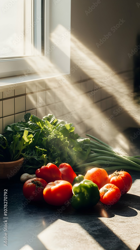 Fresh vegetables on a kitchen counter illuminated by sunlight streaming through a window. Fresh vegetables on a kitchen counter illuminated by sunlight streaming through a window.