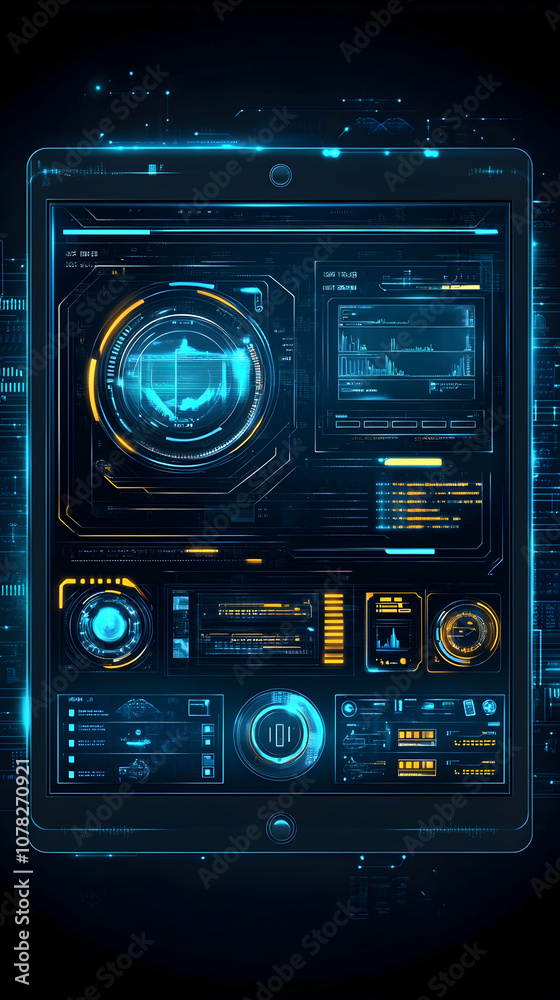 Fototapeta premium Futuristic tablet screen with digital interface, glowing blue and yellow details.
