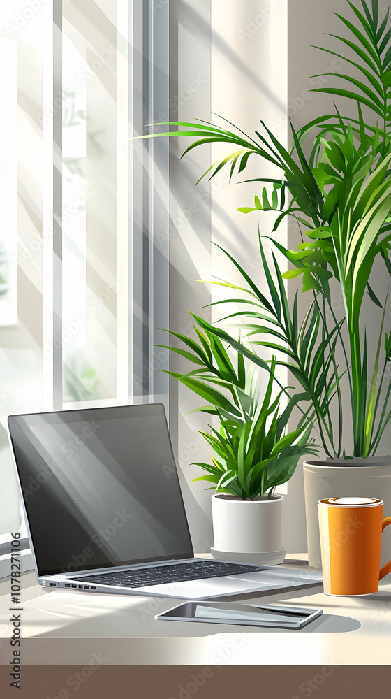 Laptop, coffee mug, and plants on windowsill in a sunlit room.