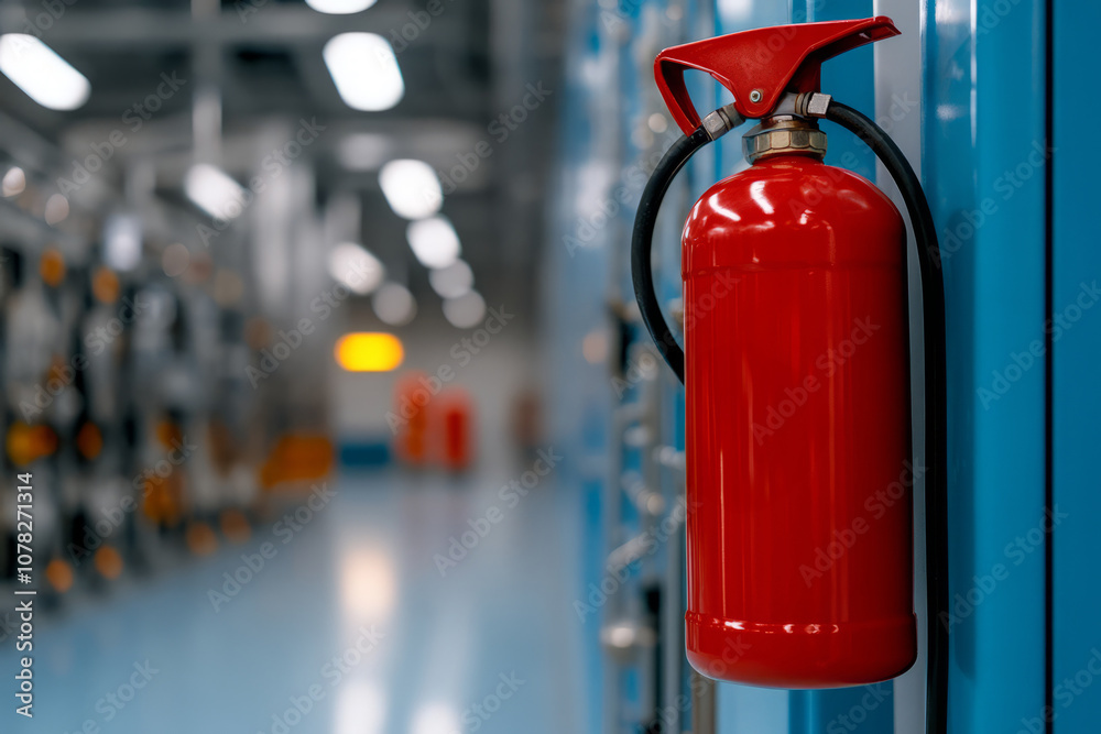 Red fire extinguisher mounted on a wall in an industrial facility, ready for emergency use. Red fire extinguisher mounted on a wall in an industrial facility, ready for emergency use.