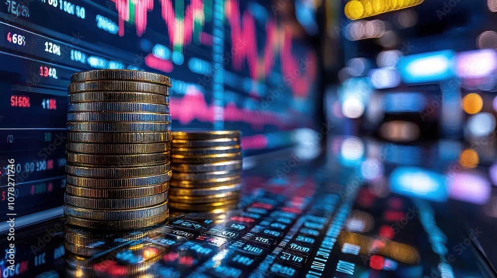 A vibrant depiction of stacked coins with financial graphs in the background, symbolizing investment and economic growth. A vibrant depiction of stacked coins with financial graphs in the background, symbolizing investment and economic growth.