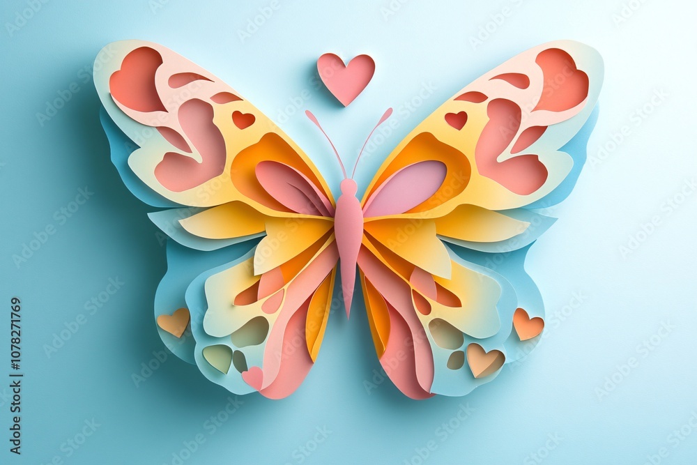 Vibrant Paper Cut Butterfly with Heart Shapes Featuring a Colorful Design in Pastel Shades and a Soft Blue Background for Creative Projects and Designs Vibrant Paper Cut Butterfly with Heart Shapes Featuring a Colorful Design in Pastel Shades and a Soft Blue Background for Creative Projects and Designs