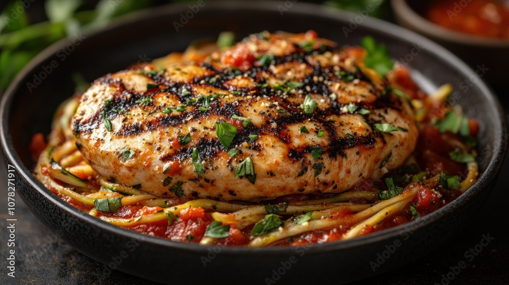 Grilled chicken breast served on a bed of pasta with sauce. Grilled chicken breast served on a bed of pasta with sauce.