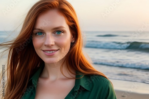 Happy woman redhead enjoying the summer vacation at the beach