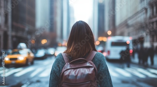 A young woman with a backpack stands amidst a bustling city street, capturing the essence of urban exploration and adventure.