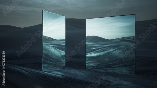 Two large mirrors in a desert reflect rolling sand dunes against a moody sky, creating a surreal and dreamlike scene.
