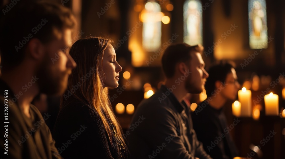 A group of people praying inside a church with heads bowed, candles flickering in the background, and soft light highlighting the calm and spiritual setting A group of people praying inside a church with heads bowed, candles flickering in the background, and soft light highlighting the calm and spiritual setting