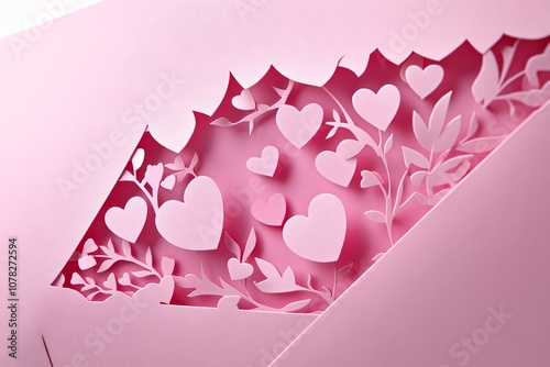 Intricate Pink Paper Cut Design Featuring Hearts and Floral Elements for Romantic Invitations or Greeting Cards