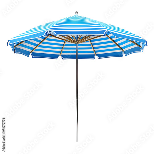 Blue and White Striped Beach Umbrella with Wooden Ribs Isolated on Transparent Background