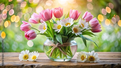 Vibrant Fresh Pink Tulips and Delicate White Daisies in a Stylish Vase - Perfect for Spring Decor, Floral Arrangements, and Home Aesthetics photo