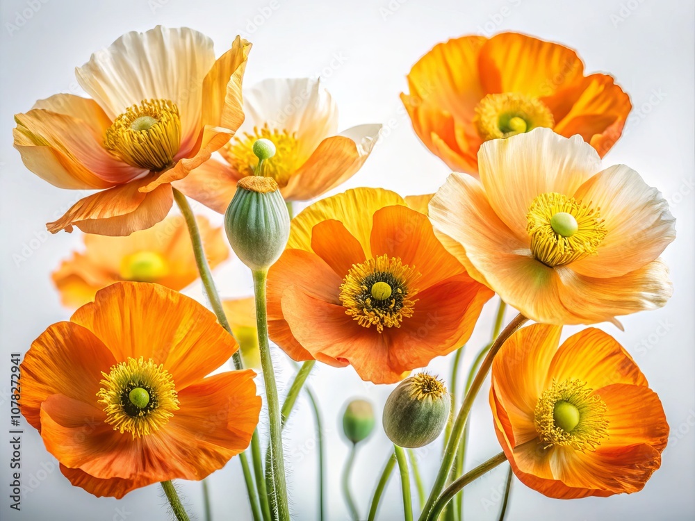 Vibrant Orange Iceland Poppies Blooming on a Minimalist White Background – A Stunning Floral Display for Nature Lovers and Botanical Enthusiasts