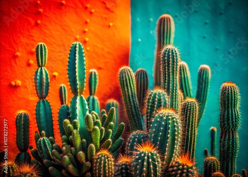 Vibrant Low Light Composition of Green Cactus and Orange Collage Against Teal Background, Perfect for Nature Lovers and Interior Decor Inspiration