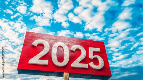 Text 2025 on Red Sign Against Blue Sky - New Year Representation

 photo