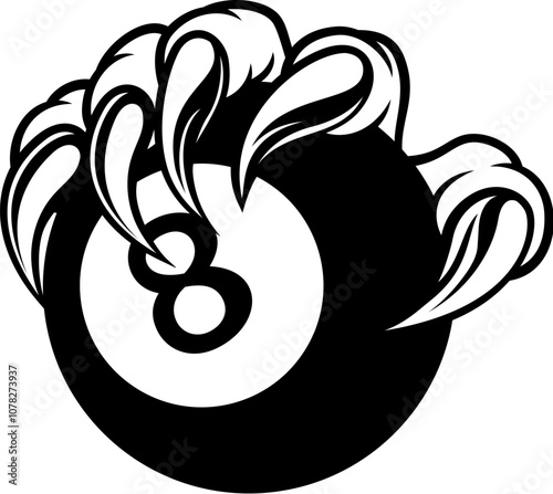 A monster or animal claw or talon hand with claws or talons holding a pool billiards black 8 ball.