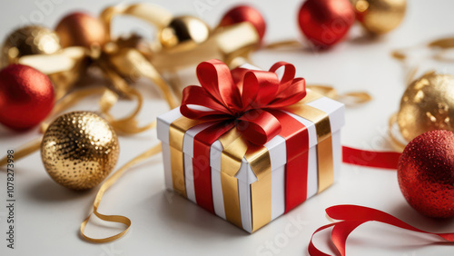 Beautifully wrapped gift box with a large red ribbon and bow, centered on a white background. 