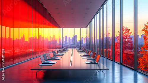 Modern office conference room with a panoramic city view and large windows. photo