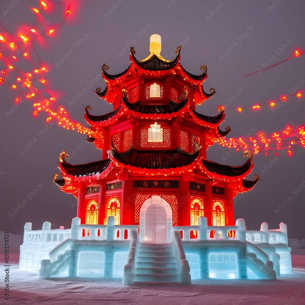 Fototapeta premium A detailed ice replica of a traditional Chinese pagoda is illuminated with vibrant red and gold lights