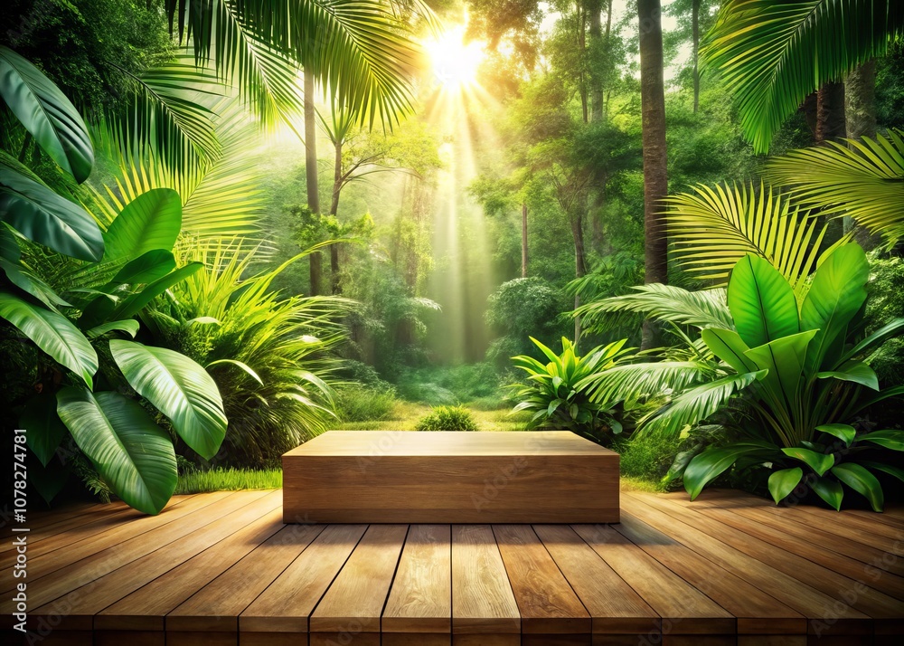 Fototapeta premium Wooden Podium in Tropical Forest for Product Presentation with Lush Green Background, Ideal for Marketing and Advertising Use in Nature-Inspired Themes