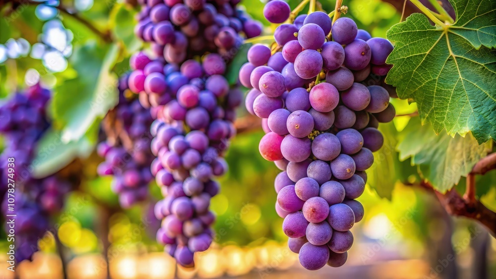 Lush vineyard scene with ripe clusters of deep purple and blue grapes, glistening under golden sunlight. Warm sunlight filters through vibrant green leaves, creating a dappled light effect Lush vineyard scene with ripe clusters of deep purple and blue grapes, glistening under golden sunlight. Warm sunlight filters through vibrant green leaves, creating a dappled light effect