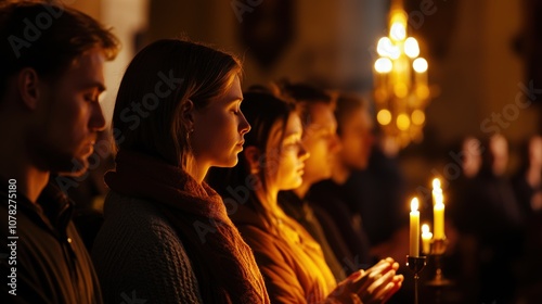 A group of people praying inside a church with heads bowed, candles flickering in the background, and soft light highlighting the calm and spiritual setting 