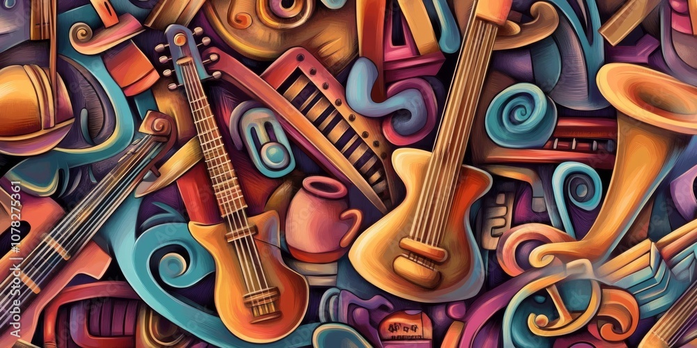 A fun, colorful poster with cartoon drawings of musical instruments and objects. Perfect for a music-themed design! A fun, colorful poster with cartoon drawings of musical instruments and objects. Perfect for a music-themed design!