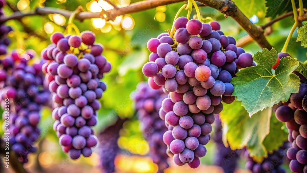 Lush vineyard scene with ripe clusters of deep purple and blue grapes, glistening under golden sunlight. Warm sunlight filters through vibrant green leaves, creating a dappled light effect Lush vineyard scene with ripe clusters of deep purple and blue grapes, glistening under golden sunlight. Warm sunlight filters through vibrant green leaves, creating a dappled light effect