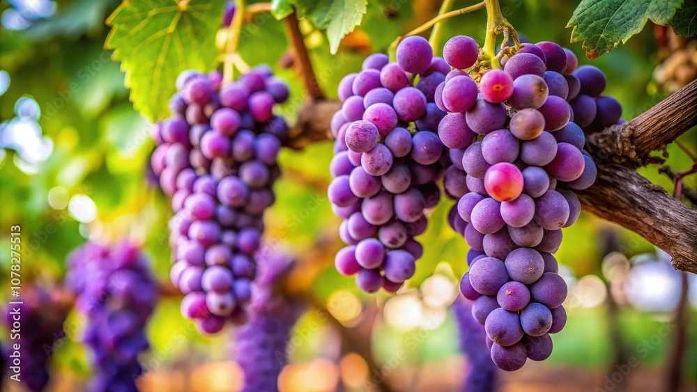 Lush vineyard scene with ripe clusters of deep purple and blue grapes, glistening under golden sunlight. Warm sunlight filters through vibrant green leaves, creating a dappled light effect Lush vineyard scene with ripe clusters of deep purple and blue grapes, glistening under golden sunlight. Warm sunlight filters through vibrant green leaves, creating a dappled light effect