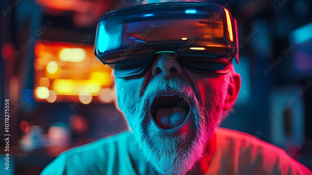 Elderly man embraces virtual reality experience Elderly man embraces virtual reality experience