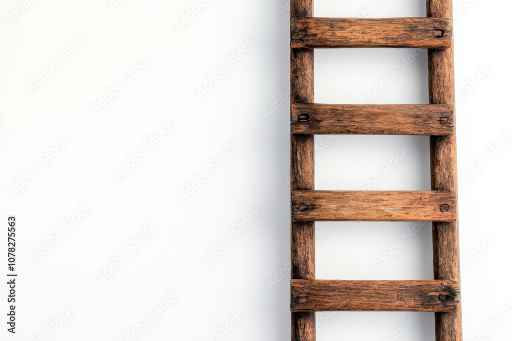 A rustic wooden ladder leaning against a plain white wall, symbolizing progress and growth. A rustic wooden ladder leaning against a plain white wall, symbolizing progress and growth.