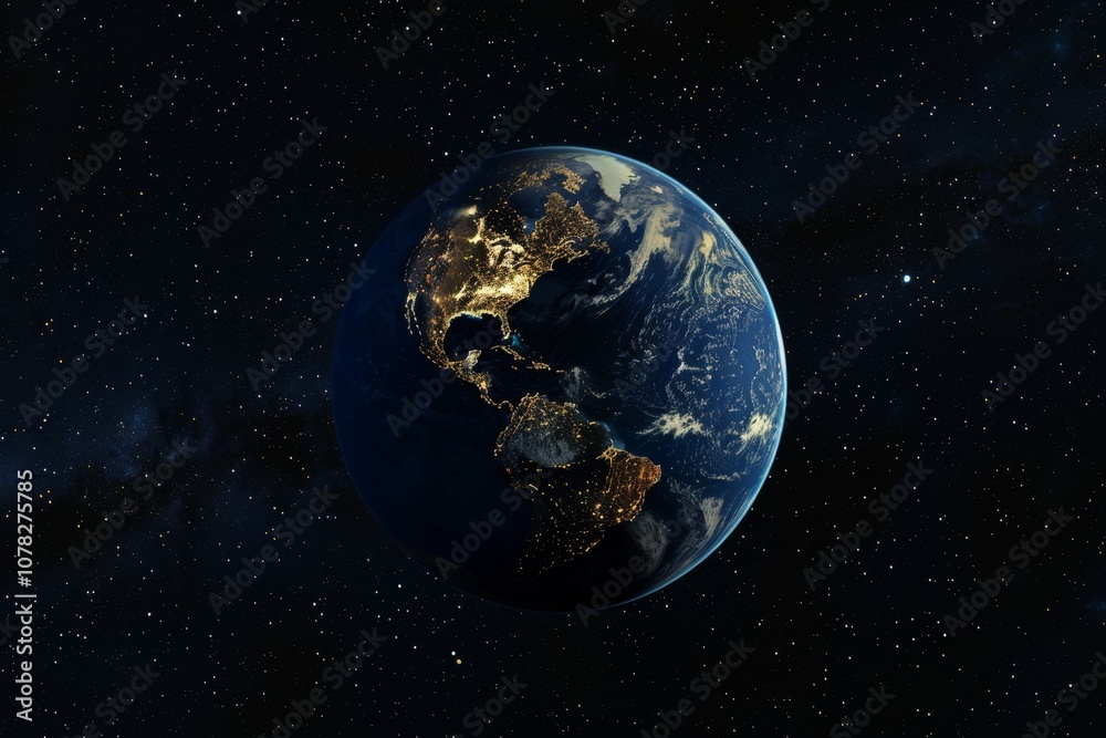 Fototapeta premium A View of Earth From Space Illuminated by City Lights During Nighttime Showcasing Continents and Oceans