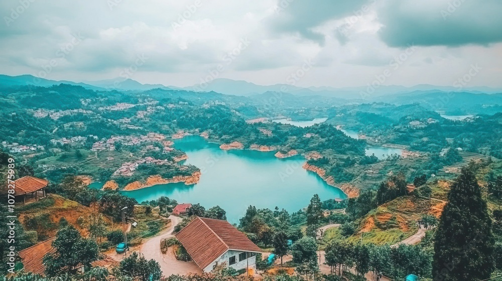 Fototapeta premium A picturesque view of a lake surrounded by lush green hills, with a few houses nestled into the landscape. The sky is overcast with clouds, adding to the serene atmosphere.