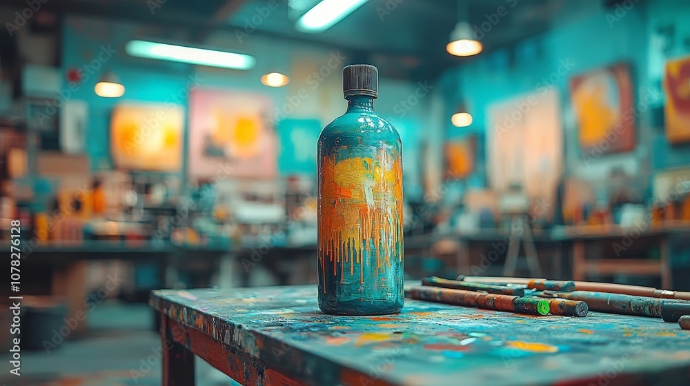 A colorful bottle stands on a table in an art studio filled with vibrant paintings. A colorful bottle stands on a table in an art studio filled with vibrant paintings.