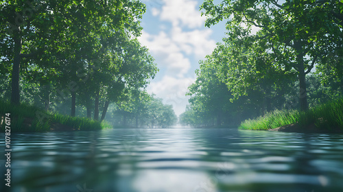 Smooth, calm river flowing with ease, surrounded by trees, 8k, hyper realistic, real life based. 