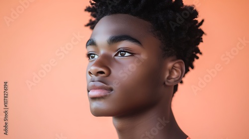 Young man displays confidence against orange background