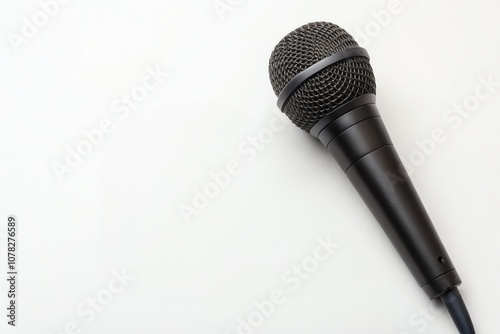 A black microphone on a plain white background, perfect for music or speaking events. photo