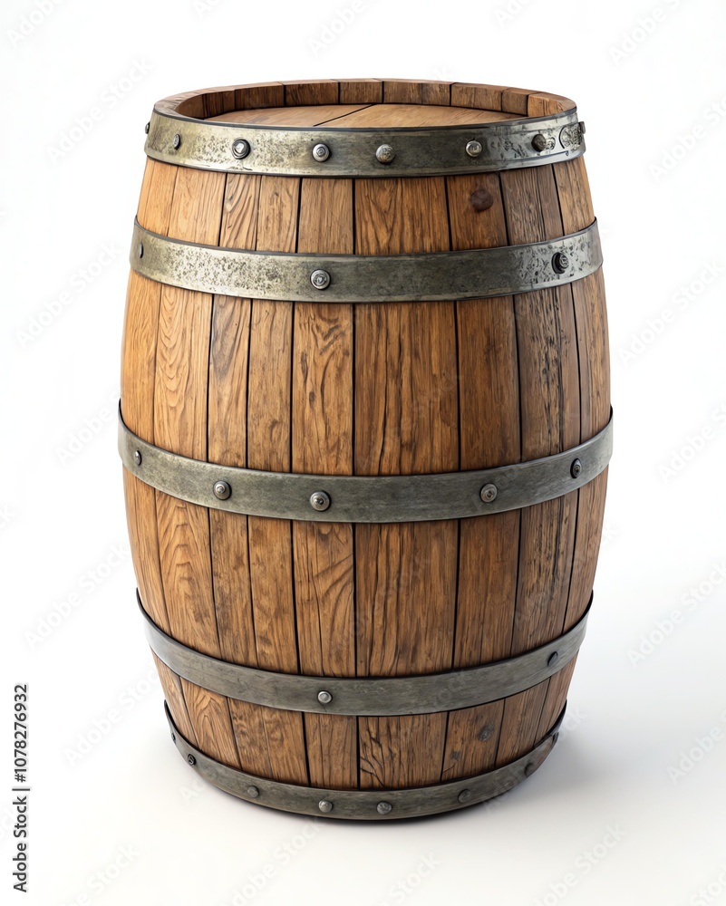Fototapeta premium A vintage wooden barrel crafted with metal bands, perfect for beverage storage.