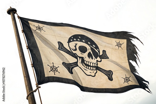 A weathered pirate flag featuring a skull and crossed bones, symbolizing adventure.