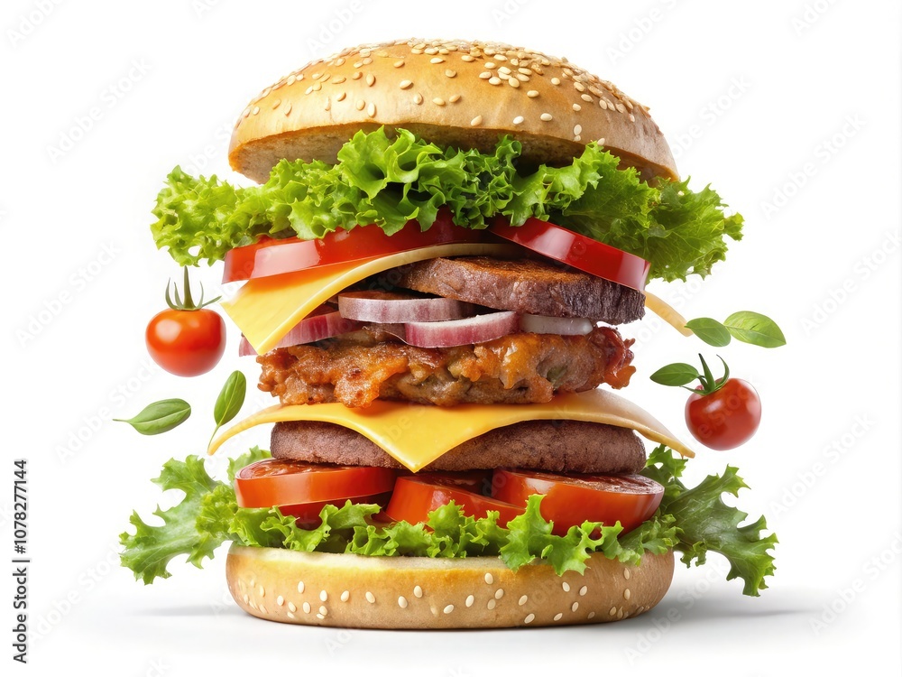 Vibrant and dynamic food photography, featuring a juicy burger with a floating effect Vibrant and dynamic food photography, featuring a juicy burger with a floating effect
