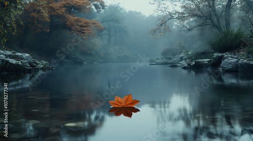 Solitary leaf drifting in calm river, serene reflection, 8k, hyper realistic, real life based.