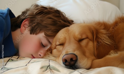 A boy cuddles with a dog on a cozy bed, Generative AI