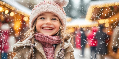 A little girl is having a great time at a Christmas market in Germany. It's snowing, and she's enjoying the festive lights and decorations with her family. photo