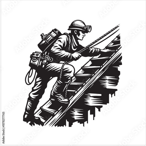 Coal Miner Ascends Rickety Mine Shaft. A vintage-style illustration of a coal miner with a pickaxe and breathing apparatus, climbing a precarious wooden staircase in a mine shaft.