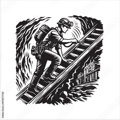 Coal Miner Ascends Rickety Mine Shaft. A vintage-style illustration of a coal miner with a pickaxe and breathing apparatus, climbing a precarious wooden staircase in a mine shaft.