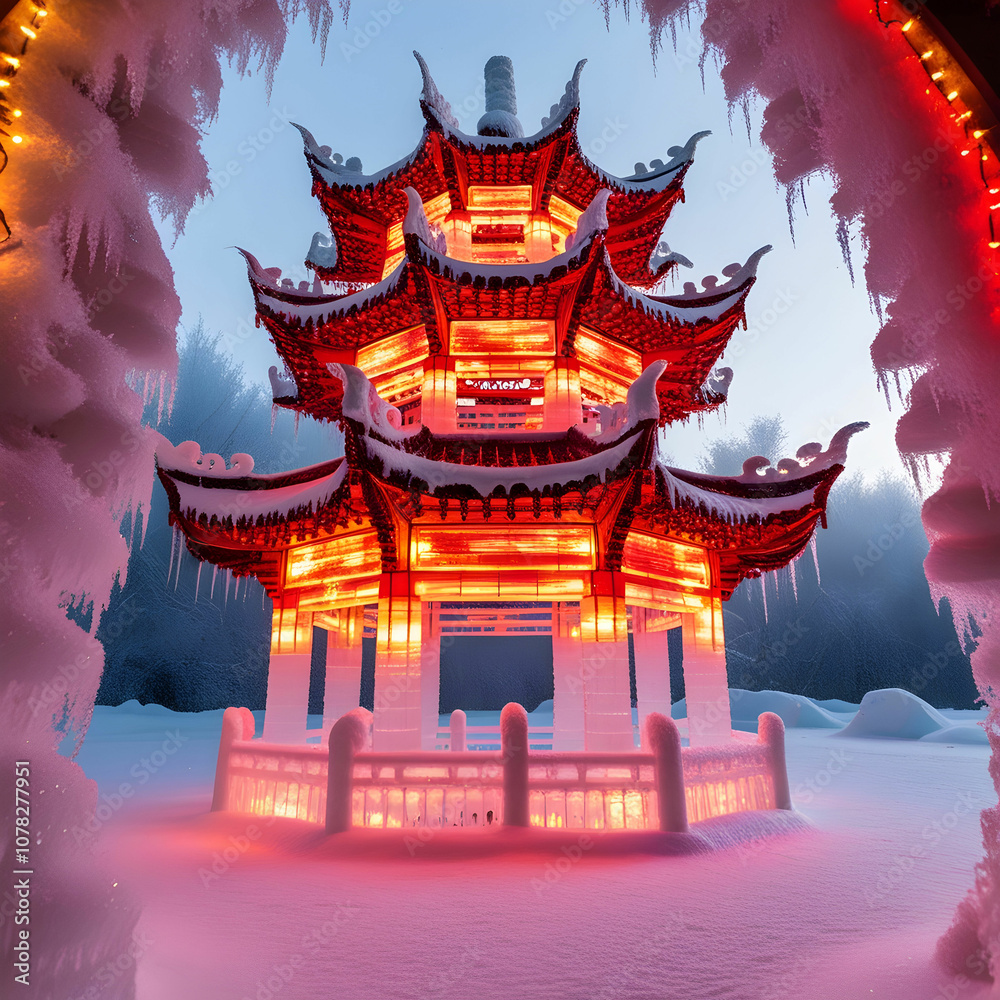 Fototapeta premium A detailed ice replica of a traditional Chinese pagoda is illuminated with vibrant red and gold lights