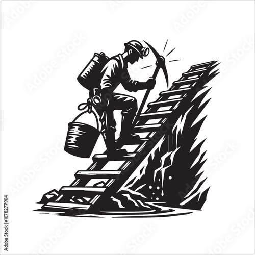 Coal Miner Ascends Rickety Mine Shaft. A vintage-style illustration of a coal miner with a pickaxe and breathing apparatus, climbing a precarious wooden staircase in a mine shaft.