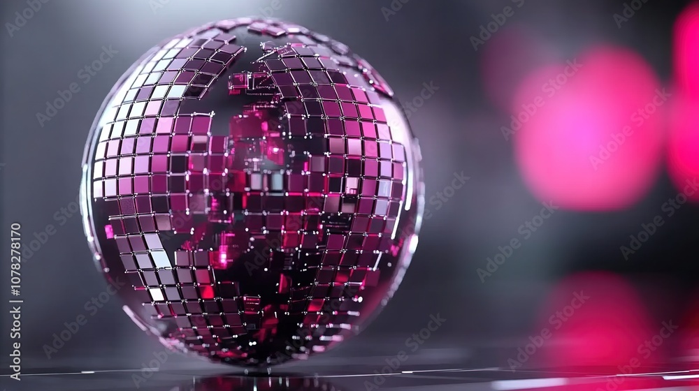 Obraz premium Reflective Disco Ball Made of Shiny Cubes Surrounded by Soft Pink Lights for a Glamorous Party Atmosphere and Captivating Visuals