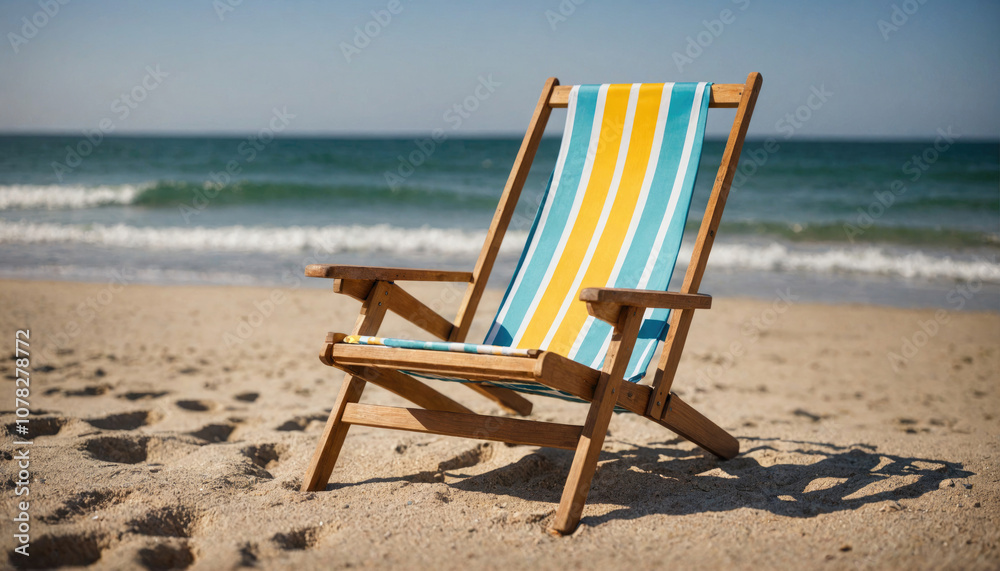A striped beach chair sits on the sand near the ocean A striped beach chair sits on the sand near the ocean