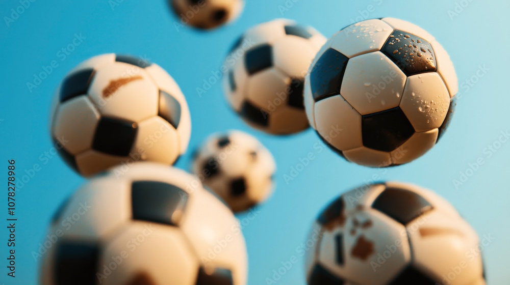 Close-up view of multiple soccer balls in mid-air with raindrops on them against a clear blue sky, showing motion and dynamic composition. Close-up view of multiple soccer balls in mid-air with raindrops on them against a clear blue sky, showing motion and dynamic composition.