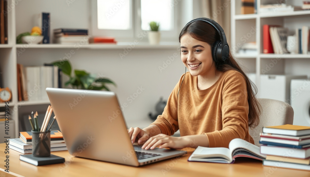 Happy teenage girl studying and learning at home, using a laptop for elearning and online education Happy teenage girl studying and learning at home, using a laptop for elearning and online education