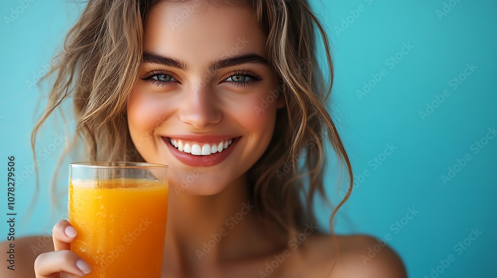 Young woman enjoys refreshing orange juice drink Young woman enjoys refreshing orange juice drink
